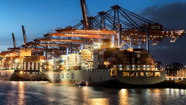 Ghidul Esențial pentru Platforme Maritime de Joburi: Conectarea Eficientă a Navigatorilor cu Angajatorii 2 Vibrant evening view of cargo operations at Terminal Burchardkai, Hamburg.