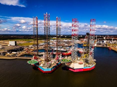 Stunning aerial view of oil rigs docked at the port of Esbjerg in Denmark. Clear day with vibrant colors.