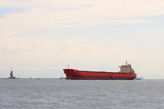 Ghidul Esențial pentru Platforme Maritime de Joburi: Conectarea Eficientă a Navigatorilor cu Angajatorii 6 A large red cargo ship sails near an iconic tower on a calm ocean under a cloudy sky.