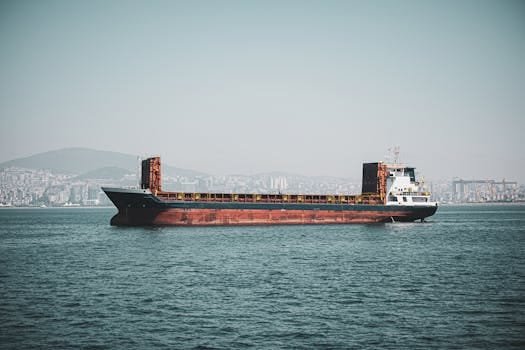 Cargo ship sailing in İstanbul with city backdrop, emphasizing maritime transport.