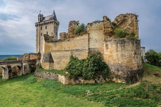 A majestic view of ancient castle ruins in Chinon, France, showcasing medieval architecture.