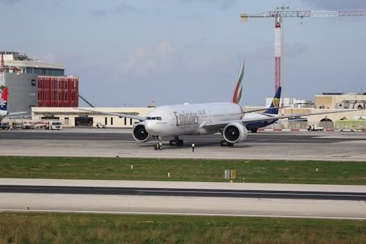 Emirates airplane taxiing on a runway at an airport on a clear day.
