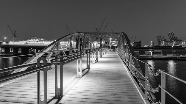 De la Zero la Navigator Profesionist: Cum un Curs pentru Maritimi i-a Schimbat Cariera în 2026 (Studiu de Caz) 3 A serene monochrome night view of a bridge across docks in Hamburg, featuring cranes in the background.