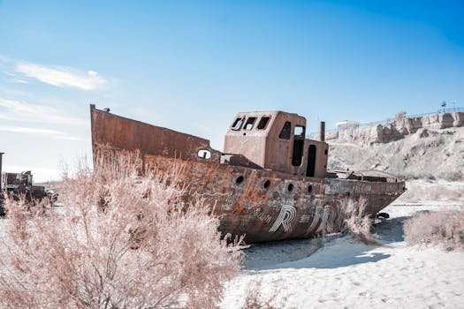 De la Zero la Navigator Profesionist: Cum un Curs pentru Maritimi i-a Schimbat Cariera în 2026 (Studiu de Caz) 4 An abandoned rusted ship lies in the barren desert landscape of the Aral Sea, Uzbekistan.