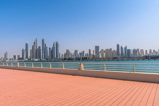 View of Dubai Marina's modern skyline beneath a clear blue sky. Perfect urban landscape.
