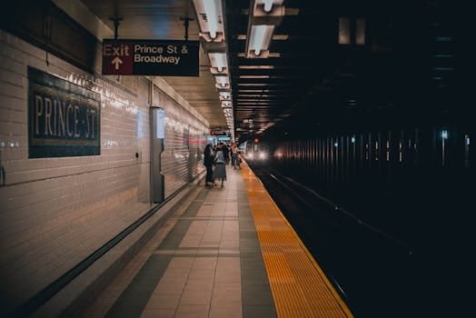 People waiting at Prince St subway platform in New York City, serene evening scene.