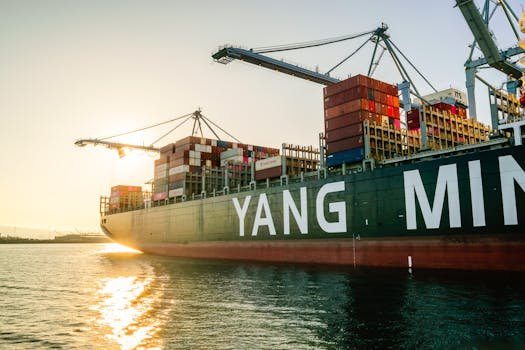 Joburi pe Vas de Croazieră vs. Locuri de Muncă Portuare în 2026: Care Ofertă Maritimă e Mai Bună Pentru Tine? 2 Large cargo ship with stacked containers and cranes at sunset in a harbor.