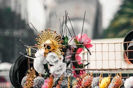 Vibrant Day of the Dead decorations featuring skulls and flowers in Mexico City.