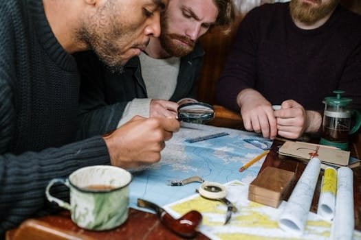 Three men are intensely discussing plans using maps and a magnifying glass, creating a scene of collaboration.
