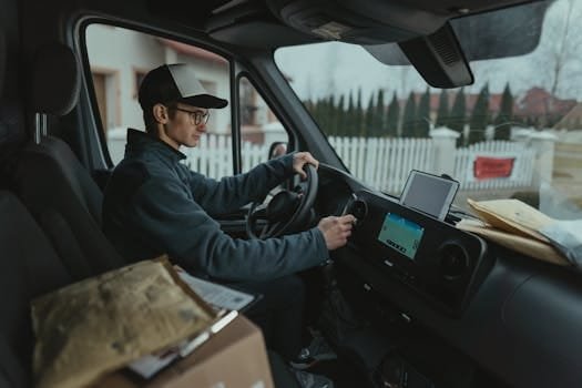 Courier driving van with packages, using GPS for efficient delivery route.