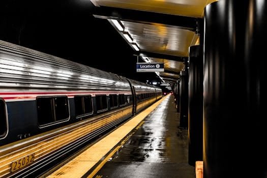 A sleek train parked at an illuminated station platform at night. Wet reflections on the ground.