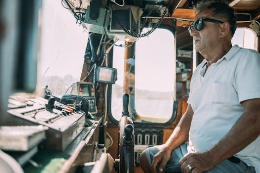 Senior man piloting a boat with navigational equipment in a bright cabin.
