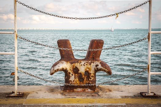 Joburi Maritime vs. Cariere Offshore: Ghidul Comparativ pentru Decizia Ta! 3 A rusted dock bollard framed by chains with a distant sailboat on a sunny day.