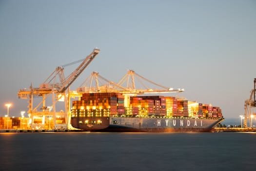 Comparația Detaliată a Contractelor de Navigație Pe Termen Scurt și Lung pentru Ofițerii de Punte din România 3 Container ship docked at port under cranes during twilight, illuminated against the evening sky.