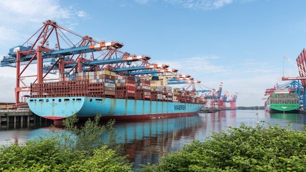 Cum să Compari Contractele de Navigație Ofițeri Mașină: Remunerare și Condiții 3 Large container ship docked in Hamburg port, surrounded by cranes and cargo containers.