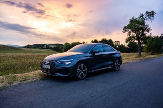 A sleek Audi sedan parked on a tranquil country road during a beautiful sunset in Slovakia.