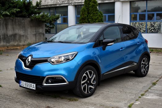 A blue Renault Captur parked in an urban outdoor setting, featuring modern design.