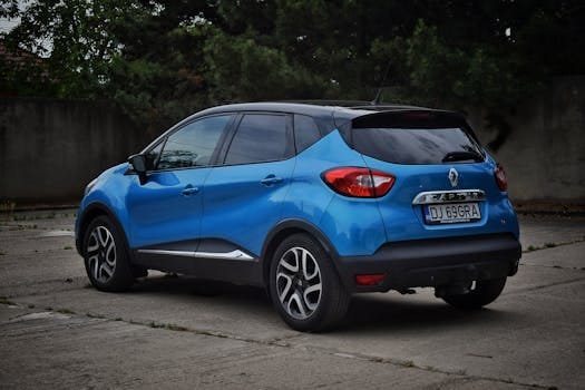 A sleek blue Renault Captur car parked on a concrete surface, outdoors.