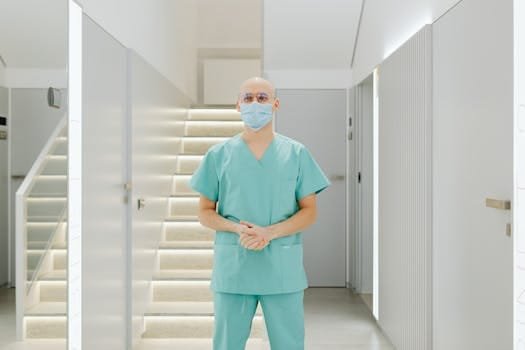Cum să Evaluezi Oferta de Locuri de Muncă Marine Cargo Transport în România 2 Healthcare worker in scrub suit standing indoors with face mask in clinic hallway.