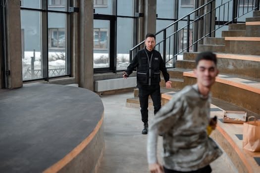 Cum să Evaluezi Oferta de Locuri de Muncă Marine Cargo Transport în România 3 A security guard confronts a young man running indoors, depicting a tense moment.