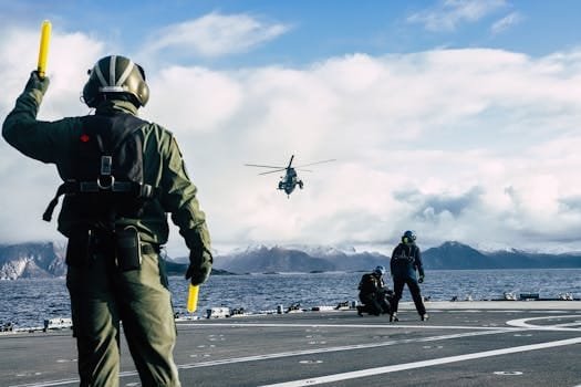 Military personnel directing helicopter landing on a ship's deck with scenic ocean and mountain backdrop.