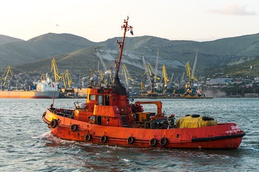 Cum să Optimizezi Salariul Mecanicului Naval în Funcție de Experiență în România 2 A vibrant red tugboat sails through the busy port of Novorossiysk, Russia, against scenic mountainous backdrop.