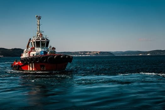 A vibrant red tugboat navigates the blue waters of Çanakkale, Türkiye, under a clear sky.