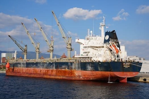 Probleme Frecvente în Contractele de Naviagție pentru Ofițeri de Punte și Cum să le Abordezi 3 Impressive cargo ship anchored at a dock, equipped with large cranes against a clear sky.