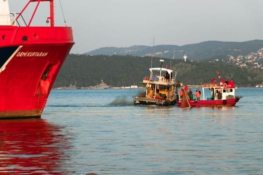 Analiza Beneficiilor Contractelor Internaționale pentru Marinari Români 2 Fishing boats at sea near a vibrant red ship with scenic hills in the background.