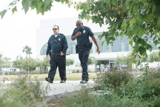 Cum să Alegi Cursul Ofițer Punte Diploma Acreditată: Compararea Ofertei Educaționale 2 Two police officers in uniform patrol an outdoor urban park area, ensuring public safety and security.