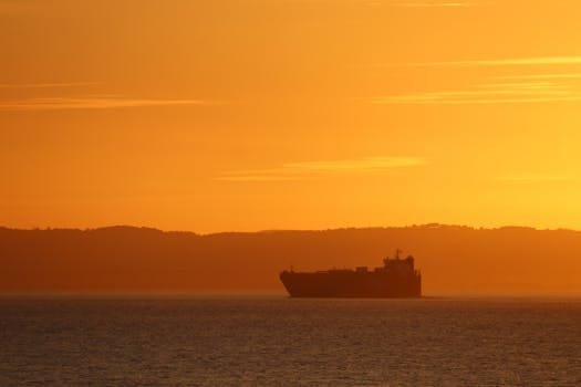 A cargo ship silhouette against a dramatic orange sunset over calm waters.