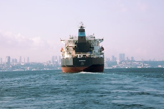 Cum să Obții Avantaje din Contractele Scurte pe Tancuri Petroliere ca Ofițer Maritim 3 Cargo ship sailing in open water with urban skyline in the distance.