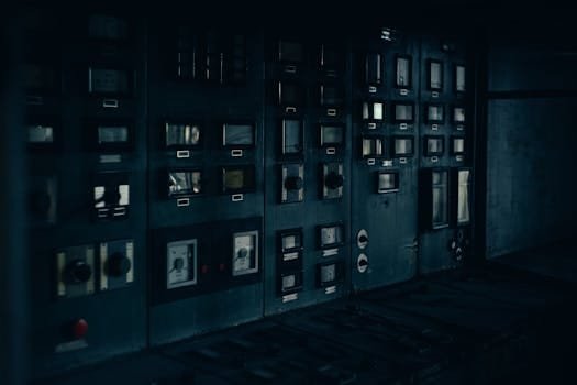 Cum să Obții Certificarea GMDSS și Să Avansezi în Cariera Maritimă din România 2 A dark, retro industrial control panel with dials and gauges in a maintenance room.