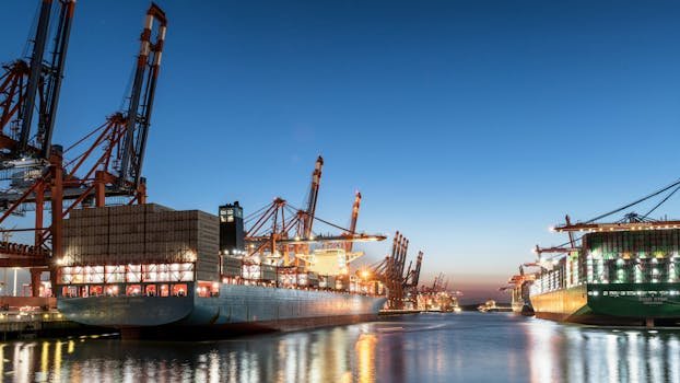 Cum să Optimizăm Diferența dintre Salariul Brut și Net în Contractele Ofițerilor Maritimi 3 Scenic view of container ships docked at Hamburg port during early evening, highlighting global trade.