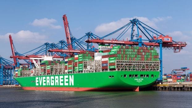 Container ship Evergreen docked at Terminal Burchardkai in Hamburg, Germany.