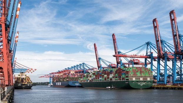 Pași pentru Alegerea între Pozițiile de Ofițer Punte și Mașină: Salarii și Certificări 4 Large container ships docked at Hamburg's bustling industrial port under a clear sky.