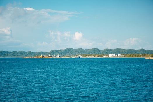 A serene coastal landscape with blue ocean and distant hills under a clear sky.